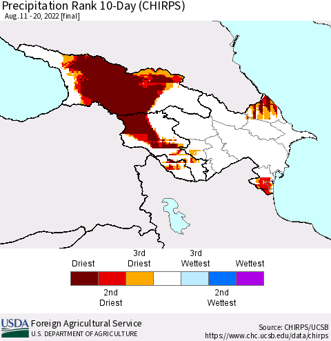 Azerbaijan, Armenia and Georgia Precipitation Rank since 1981, 10-Day (CHIRPS) Thematic Map For 8/11/2022 - 8/20/2022
