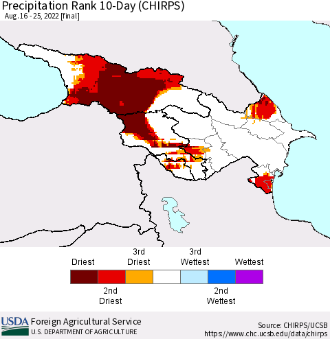Azerbaijan, Armenia and Georgia Precipitation Rank since 1981, 10-Day (CHIRPS) Thematic Map For 8/16/2022 - 8/25/2022