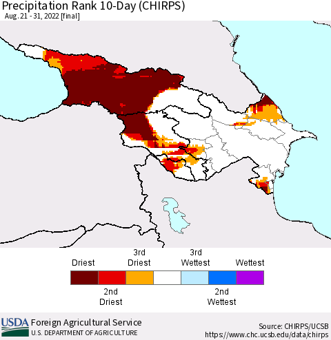 Azerbaijan, Armenia and Georgia Precipitation Rank since 1981, 10-Day (CHIRPS) Thematic Map For 8/21/2022 - 8/31/2022