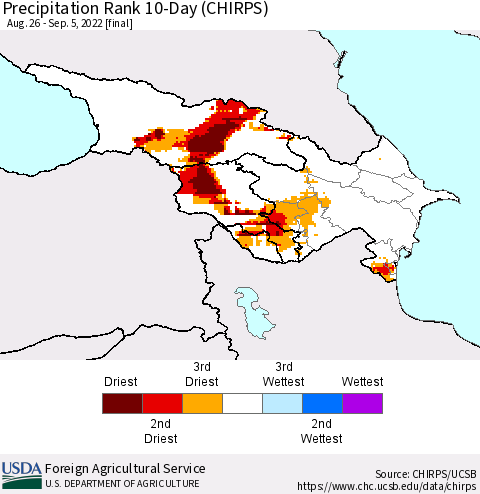 Azerbaijan, Armenia and Georgia Precipitation Rank since 1981, 10-Day (CHIRPS) Thematic Map For 8/26/2022 - 9/5/2022