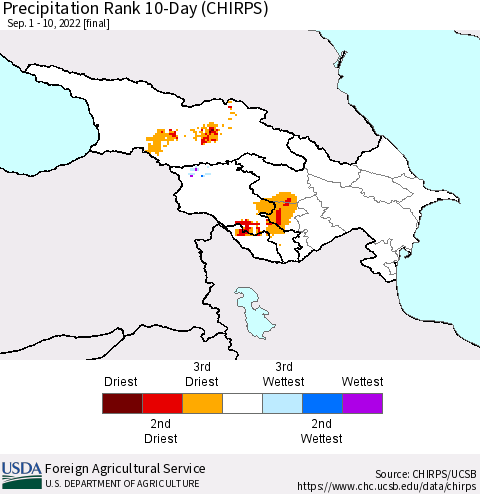 Azerbaijan, Armenia and Georgia Precipitation Rank since 1981, 10-Day (CHIRPS) Thematic Map For 9/1/2022 - 9/10/2022