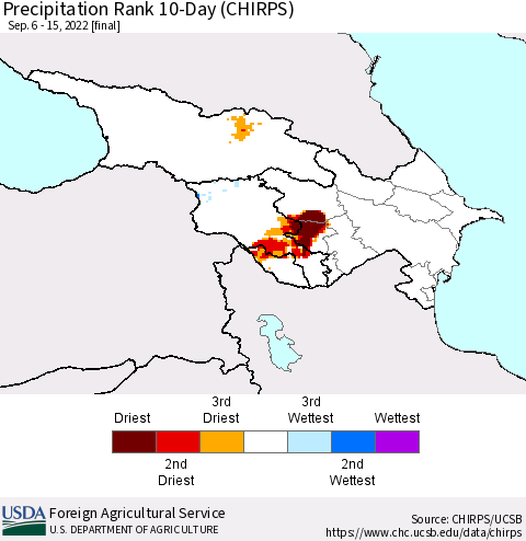 Azerbaijan, Armenia and Georgia Precipitation Rank since 1981, 10-Day (CHIRPS) Thematic Map For 9/6/2022 - 9/15/2022