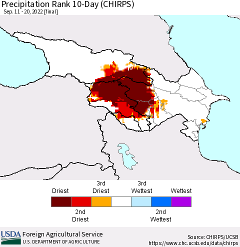 Azerbaijan, Armenia and Georgia Precipitation Rank since 1981, 10-Day (CHIRPS) Thematic Map For 9/11/2022 - 9/20/2022