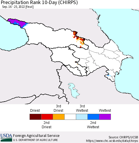 Azerbaijan, Armenia and Georgia Precipitation Rank since 1981, 10-Day (CHIRPS) Thematic Map For 9/16/2022 - 9/25/2022