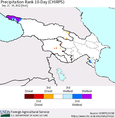 Azerbaijan, Armenia and Georgia Precipitation Rank since 1981, 10-Day (CHIRPS) Thematic Map For 9/21/2022 - 9/30/2022