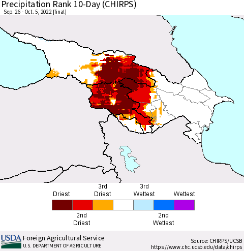 Azerbaijan, Armenia and Georgia Precipitation Rank since 1981, 10-Day (CHIRPS) Thematic Map For 9/26/2022 - 10/5/2022