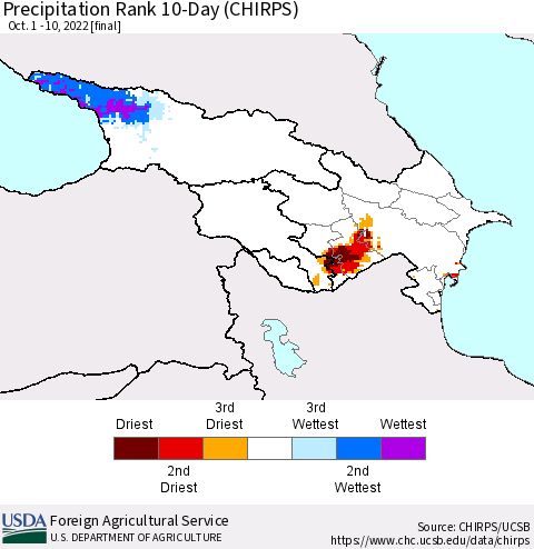 Azerbaijan, Armenia and Georgia Precipitation Rank since 1981, 10-Day (CHIRPS) Thematic Map For 10/1/2022 - 10/10/2022