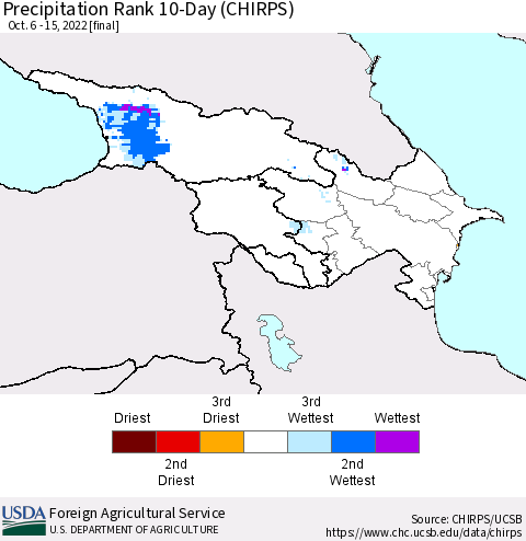 Azerbaijan, Armenia and Georgia Precipitation Rank since 1981, 10-Day (CHIRPS) Thematic Map For 10/6/2022 - 10/15/2022