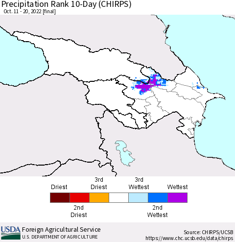 Azerbaijan, Armenia and Georgia Precipitation Rank since 1981, 10-Day (CHIRPS) Thematic Map For 10/11/2022 - 10/20/2022