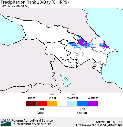 Azerbaijan, Armenia and Georgia Precipitation Rank since 1981, 10-Day (CHIRPS) Thematic Map For 10/16/2022 - 10/25/2022