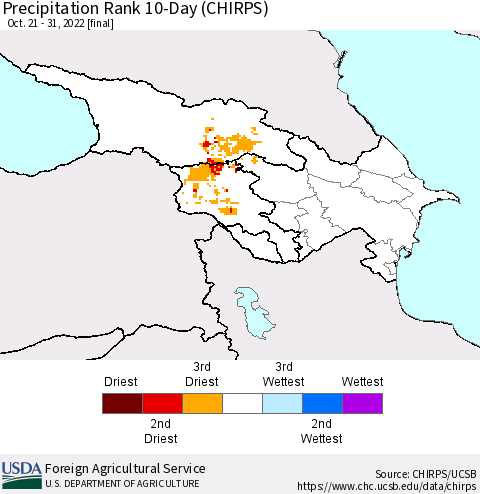 Azerbaijan, Armenia and Georgia Precipitation Rank since 1981, 10-Day (CHIRPS) Thematic Map For 10/21/2022 - 10/31/2022