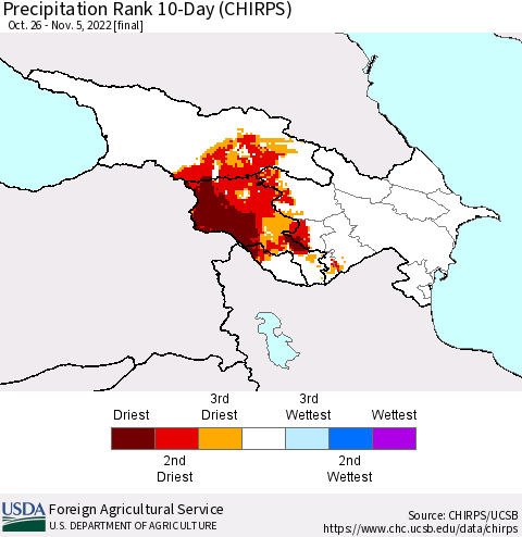 Azerbaijan, Armenia and Georgia Precipitation Rank since 1981, 10-Day (CHIRPS) Thematic Map For 10/26/2022 - 11/5/2022