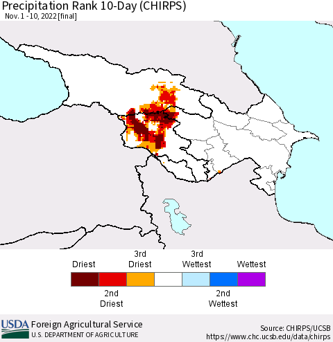 Azerbaijan, Armenia and Georgia Precipitation Rank since 1981, 10-Day (CHIRPS) Thematic Map For 11/1/2022 - 11/10/2022