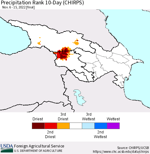 Azerbaijan, Armenia and Georgia Precipitation Rank since 1981, 10-Day (CHIRPS) Thematic Map For 11/6/2022 - 11/15/2022