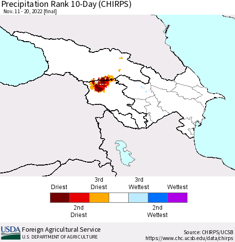 Azerbaijan, Armenia and Georgia Precipitation Rank since 1981, 10-Day (CHIRPS) Thematic Map For 11/11/2022 - 11/20/2022