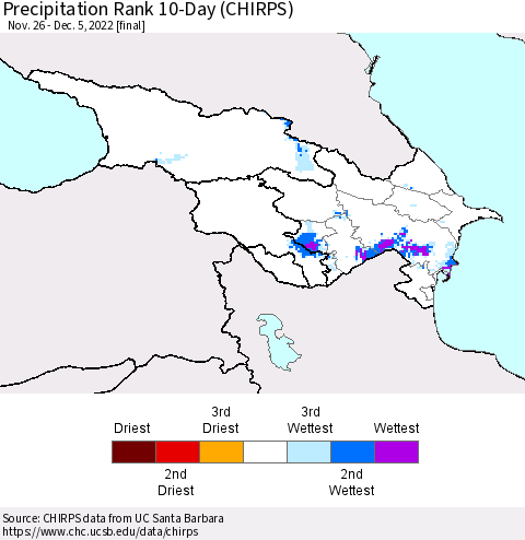 Azerbaijan, Armenia and Georgia Precipitation Rank since 1981, 10-Day (CHIRPS) Thematic Map For 11/26/2022 - 12/5/2022
