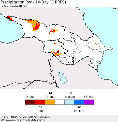 Azerbaijan, Armenia and Georgia Precipitation Rank since 1981, 10-Day (CHIRPS) Thematic Map For 12/1/2022 - 12/10/2022