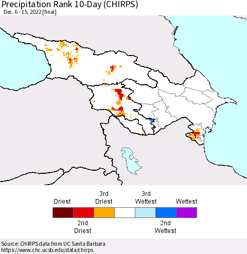 Azerbaijan, Armenia and Georgia Precipitation Rank since 1981, 10-Day (CHIRPS) Thematic Map For 12/6/2022 - 12/15/2022
