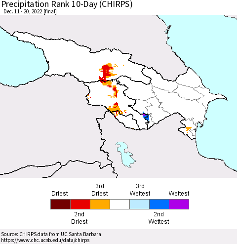 Azerbaijan, Armenia and Georgia Precipitation Rank since 1981, 10-Day (CHIRPS) Thematic Map For 12/11/2022 - 12/20/2022
