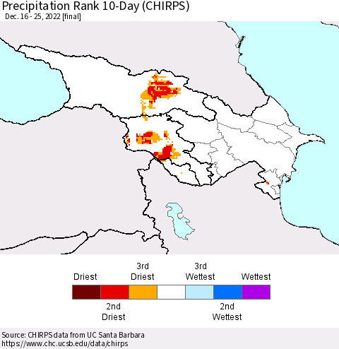 Azerbaijan, Armenia and Georgia Precipitation Rank since 1981, 10-Day (CHIRPS) Thematic Map For 12/16/2022 - 12/25/2022