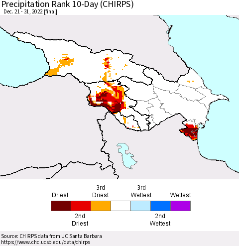 Azerbaijan, Armenia and Georgia Precipitation Rank since 1981, 10-Day (CHIRPS) Thematic Map For 12/21/2022 - 12/31/2022