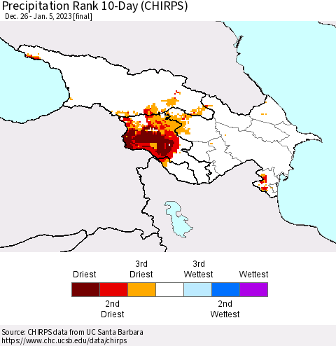 Azerbaijan, Armenia and Georgia Precipitation Rank since 1981, 10-Day (CHIRPS) Thematic Map For 12/26/2022 - 1/5/2023