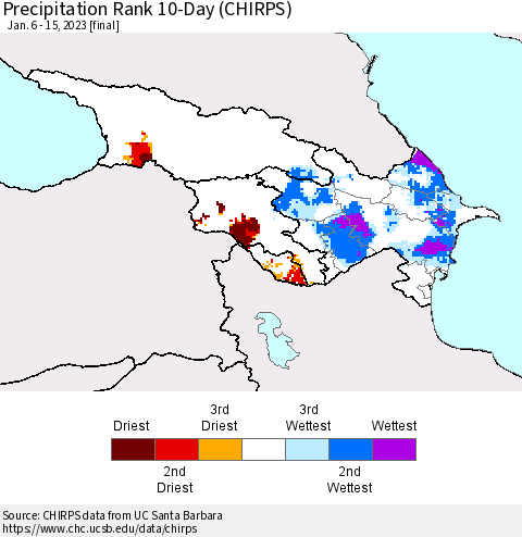Azerbaijan, Armenia and Georgia Precipitation Rank since 1981, 10-Day (CHIRPS) Thematic Map For 1/6/2023 - 1/15/2023