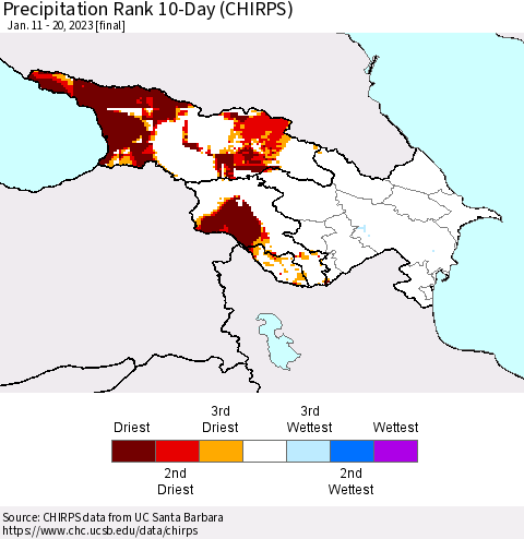 Azerbaijan, Armenia and Georgia Precipitation Rank since 1981, 10-Day (CHIRPS) Thematic Map For 1/11/2023 - 1/20/2023