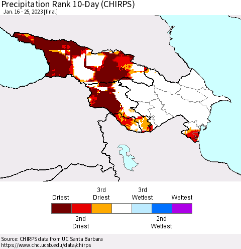 Azerbaijan, Armenia and Georgia Precipitation Rank since 1981, 10-Day (CHIRPS) Thematic Map For 1/16/2023 - 1/25/2023