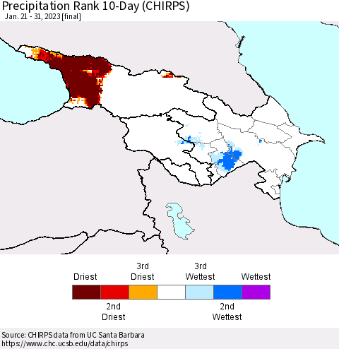 Azerbaijan, Armenia and Georgia Precipitation Rank since 1981, 10-Day (CHIRPS) Thematic Map For 1/21/2023 - 1/31/2023