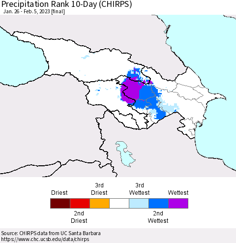 Azerbaijan, Armenia and Georgia Precipitation Rank since 1981, 10-Day (CHIRPS) Thematic Map For 1/26/2023 - 2/5/2023