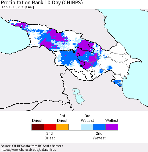 Azerbaijan, Armenia and Georgia Precipitation Rank since 1981, 10-Day (CHIRPS) Thematic Map For 2/1/2023 - 2/10/2023