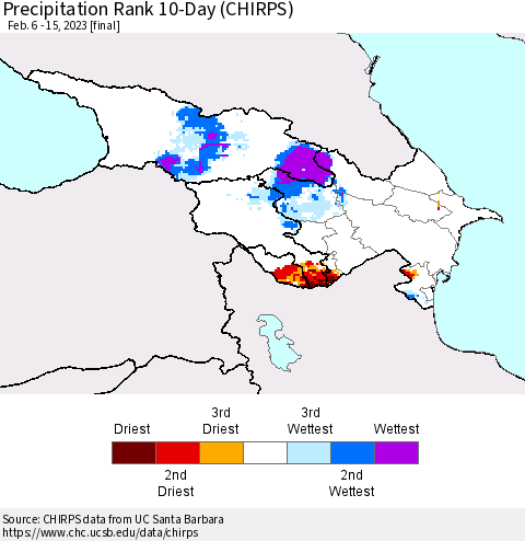 Azerbaijan, Armenia and Georgia Precipitation Rank since 1981, 10-Day (CHIRPS) Thematic Map For 2/6/2023 - 2/15/2023