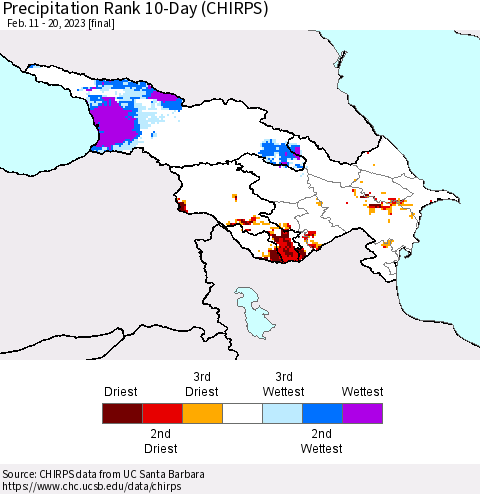 Azerbaijan, Armenia and Georgia Precipitation Rank since 1981, 10-Day (CHIRPS) Thematic Map For 2/11/2023 - 2/20/2023