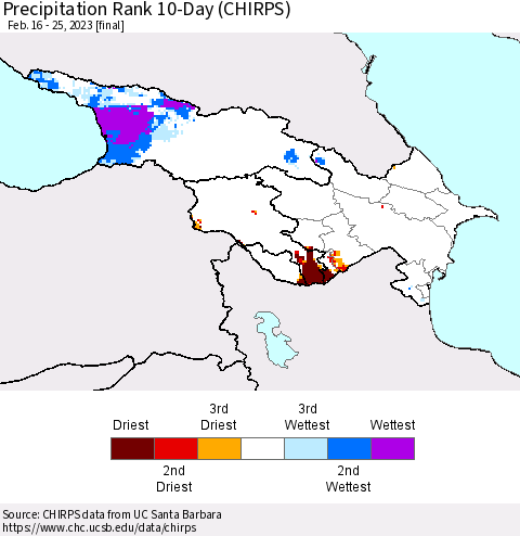 Azerbaijan, Armenia and Georgia Precipitation Rank since 1981, 10-Day (CHIRPS) Thematic Map For 2/16/2023 - 2/25/2023