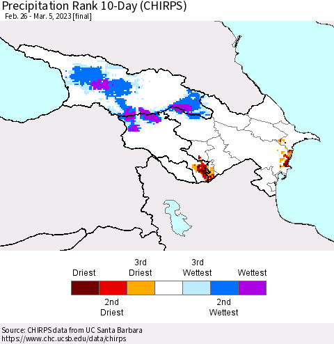 Azerbaijan, Armenia and Georgia Precipitation Rank since 1981, 10-Day (CHIRPS) Thematic Map For 2/26/2023 - 3/5/2023