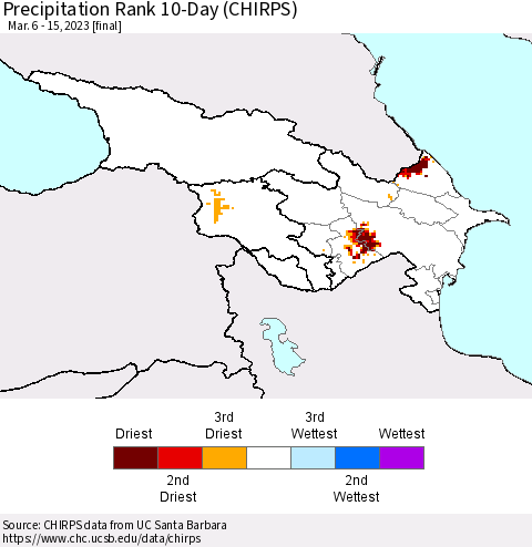 Azerbaijan, Armenia and Georgia Precipitation Rank since 1981, 10-Day (CHIRPS) Thematic Map For 3/6/2023 - 3/15/2023