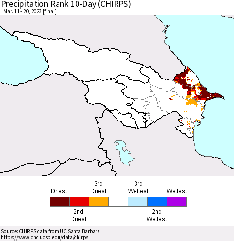 Azerbaijan, Armenia and Georgia Precipitation Rank since 1981, 10-Day (CHIRPS) Thematic Map For 3/11/2023 - 3/20/2023