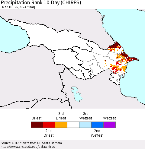 Azerbaijan, Armenia and Georgia Precipitation Rank since 1981, 10-Day (CHIRPS) Thematic Map For 3/16/2023 - 3/25/2023