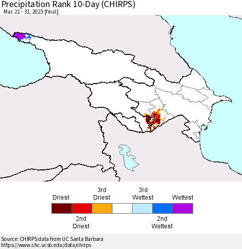 Azerbaijan, Armenia and Georgia Precipitation Rank since 1981, 10-Day (CHIRPS) Thematic Map For 3/21/2023 - 3/31/2023