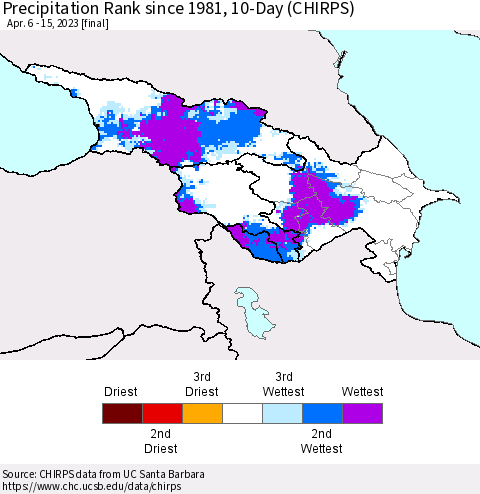 Azerbaijan, Armenia and Georgia Precipitation Rank since 1981, 10-Day (CHIRPS) Thematic Map For 4/6/2023 - 4/15/2023