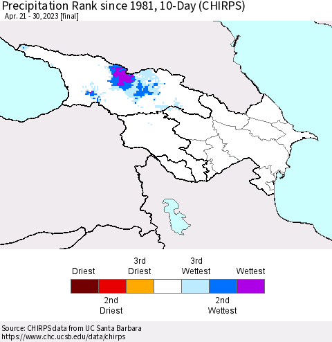Azerbaijan, Armenia and Georgia Precipitation Rank since 1981, 10-Day (CHIRPS) Thematic Map For 4/21/2023 - 4/30/2023