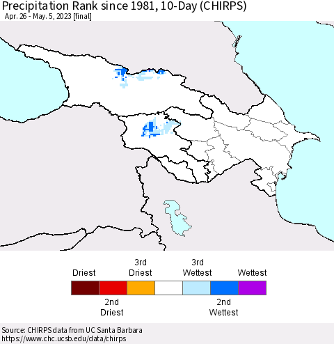 Azerbaijan, Armenia and Georgia Precipitation Rank since 1981, 10-Day (CHIRPS) Thematic Map For 4/26/2023 - 5/5/2023