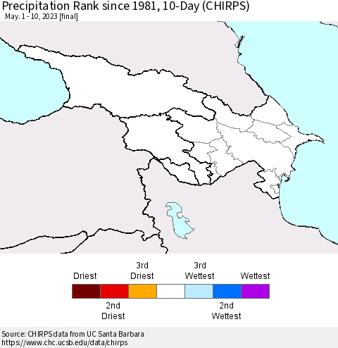 Azerbaijan, Armenia and Georgia Precipitation Rank since 1981, 10-Day (CHIRPS) Thematic Map For 5/1/2023 - 5/10/2023