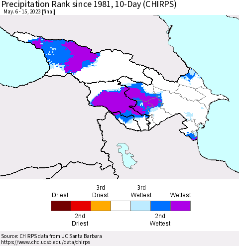 Azerbaijan, Armenia and Georgia Precipitation Rank since 1981, 10-Day (CHIRPS) Thematic Map For 5/6/2023 - 5/15/2023