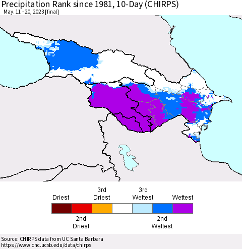 Azerbaijan, Armenia and Georgia Precipitation Rank since 1981, 10-Day (CHIRPS) Thematic Map For 5/11/2023 - 5/20/2023