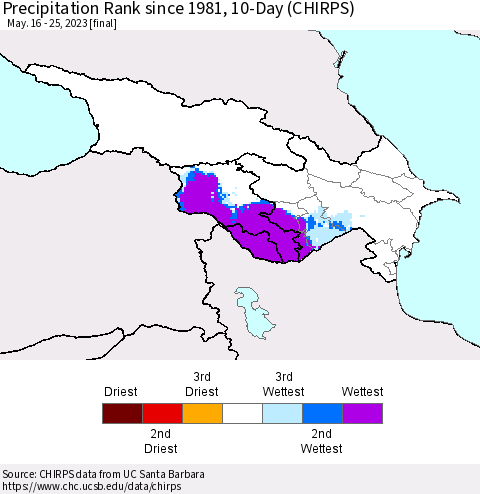 Azerbaijan, Armenia and Georgia Precipitation Rank since 1981, 10-Day (CHIRPS) Thematic Map For 5/16/2023 - 5/25/2023