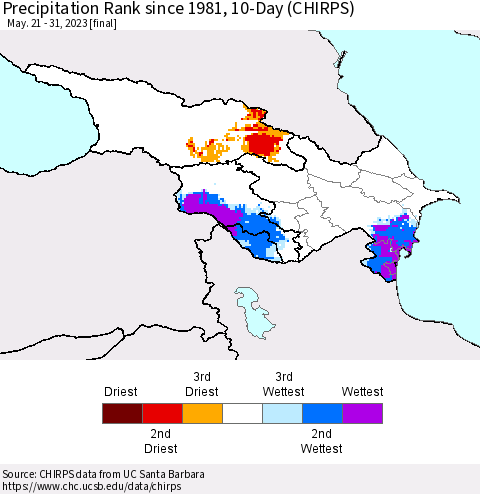 Azerbaijan, Armenia and Georgia Precipitation Rank since 1981, 10-Day (CHIRPS) Thematic Map For 5/21/2023 - 5/31/2023