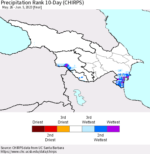 Azerbaijan, Armenia and Georgia Precipitation Rank since 1981, 10-Day (CHIRPS) Thematic Map For 5/26/2023 - 6/5/2023