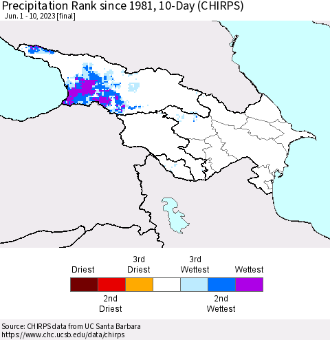 Azerbaijan, Armenia and Georgia Precipitation Rank since 1981, 10-Day (CHIRPS) Thematic Map For 6/1/2023 - 6/10/2023